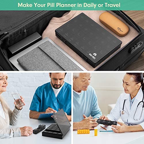 XL Pill Organizer 4 Times a Day,BUG HULL Large Weekly Pill Box for Travelling, Portable Pill Cases 7 Day pill Container Removable Daily Medicine Organizer for Cod-liver oil,Vitamins,Supplements(Black) 7