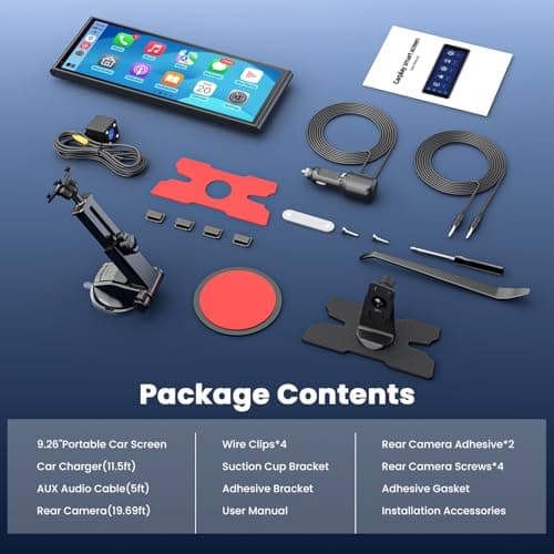 9.26" Carplay Screen for Car, Wireless Portable Car Play Screen for Apple CarPlay & Android Auto, OTA Updates, Backup Camera, Bluetooth 5.0, Mirror Link, Voice Control, GPS Navigation, FM 9