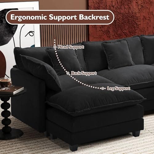 Ihanherry U-Shaped Modern Sofa 111.4" Modular Sectional Cloud Couch with 2 Ottoman, 5-Seat Chenille Deep Seat Sofa with 5 Pillows for Living Room, Black 7