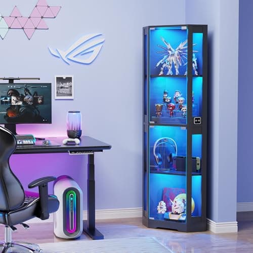 BROTTAR 65" Corner Glass Display Cabinet with LED Lights, 4-Tier Showcase Display Case with Glass Doors & Human Body Sensor for Collectibles, Liquor, Black 5