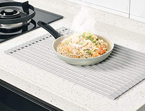 Surpahs 17.5 x 13.1 Inch Roll-Up Dish Drying Rack, Fits Across Sink Openings up to 16.5 Inches, Heavy-Duty Premium Silicone, Strong Support, Non-Slip, Heat-Resistant, Warm Gray 8