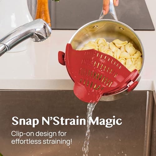 Kitchen Gizmo Snap N Strain Silicone Pot Strainer - Adjustable Clip-On Pasta Strainer for Pots, Pans, and Bowls - Large Red Kitchen Colander 2