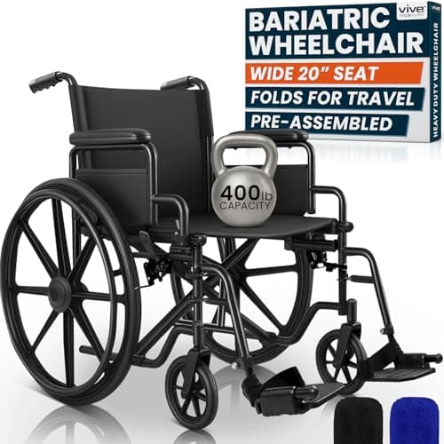 Vive Bariatric Wheelchair for Adults (Supports 400 lbs) - Foldable, Heavy Duty, Manual & Transport Wheel Chair - Portable Senior Drive Travel Scooter for Transfers - Wide 20" Seat