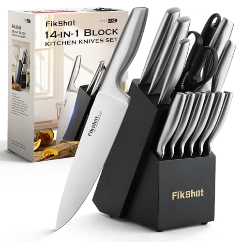 FIKSHOT Kitchen Knife Set, Including Knife Block Set and Sharpener - Made of High Carbon Steel, Rust-Resistant, Ergonomic Handle, Suitable for Cooking, Grilling and Gifting