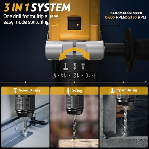SundpeyPRO 21V Cordless Hammer Drill - 1060In·lbs Brushless Drill Set with 2 x 4.0Ah Battery - 20+3 Torque Battery Drills 2150RPM Power Drills 1/2" Chuck Electric Drill for Drilling Wood Bricks Metal 5