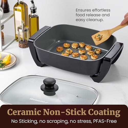 Elite Gourmet 15" x 12" x 4" Electric Skillet, Xtra Deep Dish, Ceralast™ PFAS Free Ceramic, 1500W Rapid Heat, Tempered Glass Vented Lid, Dishwasher Safe, 12.5 Qt., Black/Gray 5