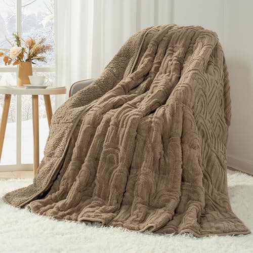 Cottonblue Weighted Blanket for Adults 15 lbs Twin Size, Cozy Fluffy Sherpa Fleece Jacquard Weighted Throw Blankets 48" x 72" for Sleep Relax, Fuzzy Warm Arch Heavy Blanket Soft for Bed Couch, Khaki