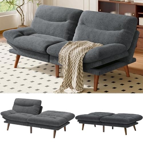 Amada 66" Convertible Futon Sofa Bed, Corduroy Folding Futon Set with Adjustable Backrest &Armrests, Recliner Lounge for Living Room, Apartment or Office, Solid Wood Frame, Loveseat Sofa - Grey
