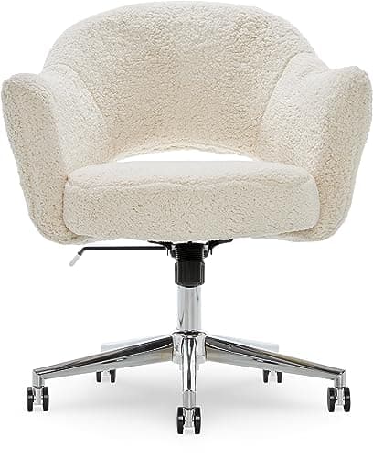 Serta Valetta Home Office Chair, Home Desk Chair with Memory Foam Padding, Midcentury Modern Style, Chrome-Finished Stainless-Steel Base, Cream Fuzzy Faux Fur 10