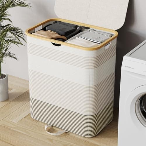XLHOMO Double Laundry Hamper with Lid and Removable Bags, 150L Large Collapsible 2 Dividers Dirty Clothes Basket with Handles, Beige Double Laundry Basket Organizer for Bedroom,Laundry Room,College 8