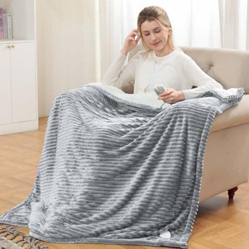 Heated Blanket Electric Throw - Soft Flannel Electric Blanket 50" x 60", Heating Blanket with 10 Time Settings, 6 Heat Settings, Machine Washable with Over-Heat Protection (Gray)