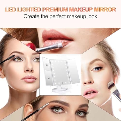 Flymiro Tri-fold Lighted Vanity Makeup Mirror with 3x/2x Magnification,21 LEDs Light and Touch Screen,180 Degree Free Rotation Countertop Cosmetic Mirror,Travel (White) 5