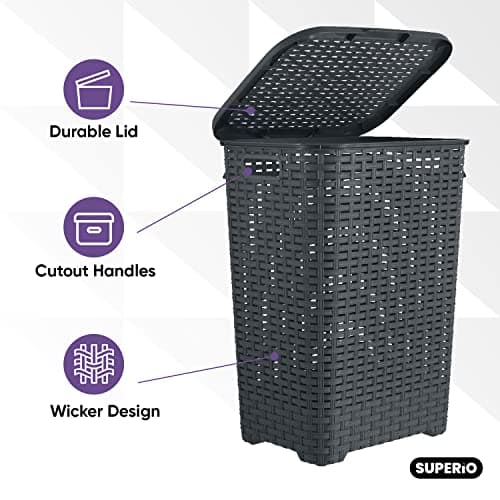 Plastic Laundry Hamper with Lid Laundry Hamper Basket, Grey Tall Cloths Hamper Organizer with Cut-out Handles. Space Saving for Laundry Room Bedroom Bathroom, Wicker Design 60 Liter 9