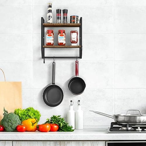 Towel Rack with Shelf 2 Tier Wall Bathroom Shelf with Towel Bar Hooks for Bathroom Living Room Kitchen, Brown 5