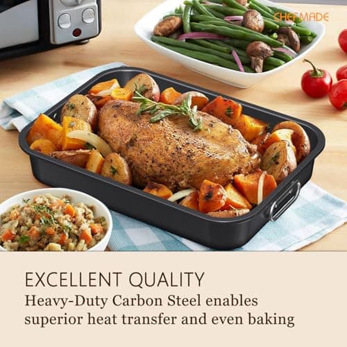 CHEFMADE Roasting Pan with Rack, 15 Inch Deep Roasting Pan, Deep Lasagna Pan for BBQ Vegetbale and Meat 15.4" x 11.2" x 2.3" (Black) 5