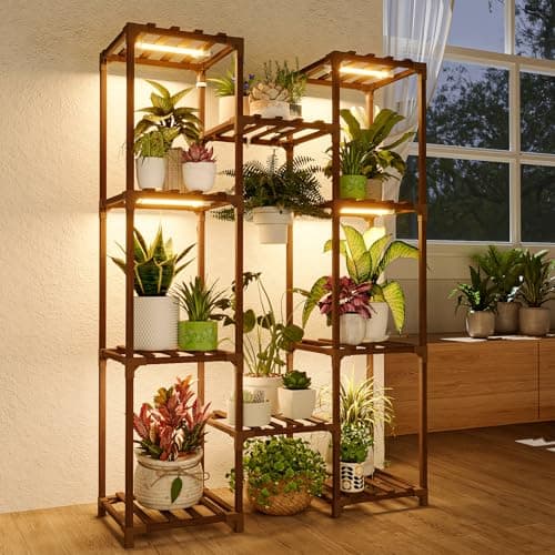 Bamworld Plant Stand with Grow Light Plant Shelf for Mutiple Pots Large Plant Holder for Living Room Patio Boho Home Decor for Gardening Warm Light