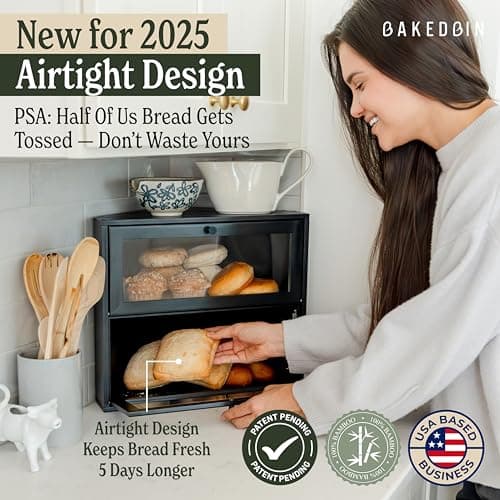 BakedBin Corner Bread Box for Kitchen Countertop - New 2026 Airtight Design - Extra Large, Double Layer Black BreadBox, Vintage Storage for Homemade Bread, Under Cabinet Organizer 2