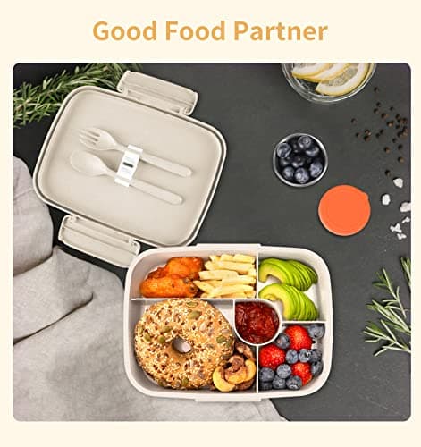 ANDMOON Bento Lunch Box, 5 Compartments Lunch Container for Kids/Adults with Snack cup, Wheat Fiber Eco-Friendly Double Insulated Boxes, Dishwasher and Microwave Safe, BPA-Free (White) 7