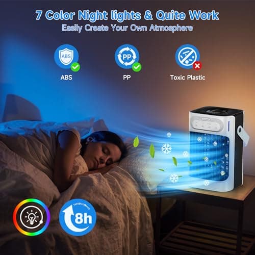 Portable Air Conditioners, TIOKVIOP Evaporative Air Cooler [Upgraded 10W & 3 Cool Mist] 3 in 1, 3 Wind Speed & 7 LED Light, 3 Cool Mist & 2-8H Timer Cold AC, Personal Mini Air Cooling Fan for Room 5