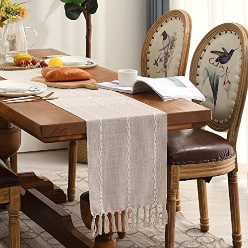 Wracra Rustic Linen Table Runner Farmhouse Style Table Runners 72 inches Long Embroidered Fall Table Runner with Hand-Tassels for Party, Dresser and Dining Room Decorations(Light Coffee, 13"×72") 7