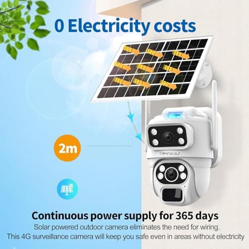 CowWolf No WiFi Security Camera, 4G LTE Cellular Security Camera, 2K Solar Cellular Cam HD Dual Lens 360° Pan Tilt, Color Night Vision, PIR Motion Detection, IP66 Waterproof with Pre-Installed SIM 6