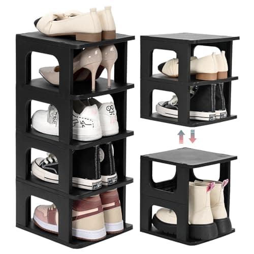 TRZZ 5-Tier Small Shoe Rack, Vertical Narrow Stackable Organizer with Removable Partition, Efficient Shoe Storage for Closet, Entryway, and Small Spaces (Black)