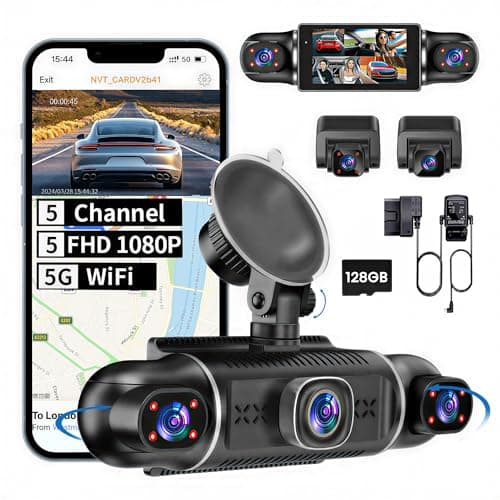 5 Channel 1080P*5 Dash Cam Front Rear Left Right Cabin with OBD2 Power Cable, 360° Coverage Dash Camera for Cars with 128GB SD Card, 5G WiFi & App Control, G-Sensor, 24H Parking Mode, Loop Recording