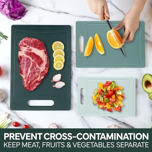 COOK WITH COLOR Non-Slip Cutting Board Set – Kitchen Essentials with Easy Grip Handle for Meat, Veggies, and Fruits, 3 Cutting Boards, Teal 6