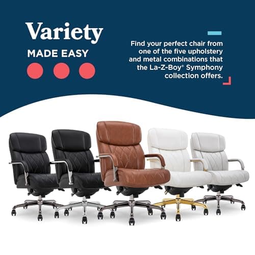 La-Z-Boy Symphony Executive Mid-Back Office Chair, Diamond Quilt Seat and Back, Pocket Coil Cushion, Padded Armrests, Ergonomic Computer DeskChair, Swivel Metal Base, Bonded Leather, Cognac/Graphite 11
