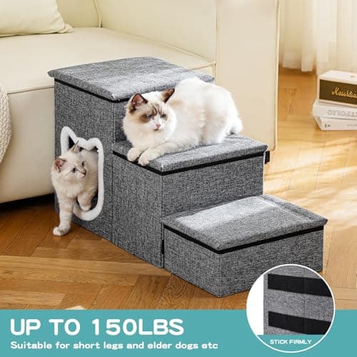 Crispedia Dog Stairs for Small Dogs, 3-Step Non-Slip Pet Stairs for Cats, Small Dog Steps with Storage and Condo, Indoor Cat Steps for Older Cats, Arthritis-Friendly, Grey 5