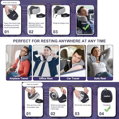 napfun Neck Pillow for Traveling, Upgraded Travel Neck Pillow for Airplane 100% Pure Memory Foam Travel Pillow for Flight Headrest Sleep, Portable Plane Accessories, Light Grey 5