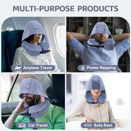 Flywish Travel Neck Pillow with Hood - Adult Travel Must Haves Airplane Hoodie Pillow, Premium Quality Memory Foam, Fit for Office, Car Ride, Sleeping. Kit with Earplugs, Luxury Bag(Mist, M) 6