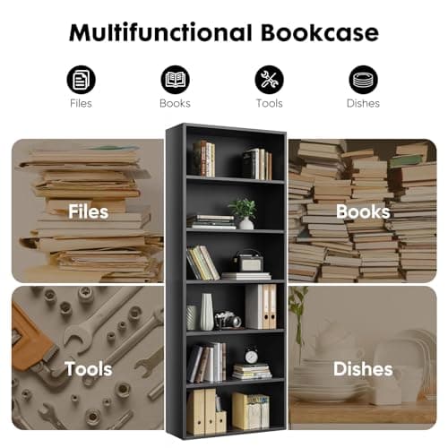 Sweetcrispy Industrial 6 Shelf Bookcase - Large 63 Inch Tall Floor Standing Open Bookshelf with Anti-Tipping Device for Home Office, Living Room, and Bedroom Storage, Black 7