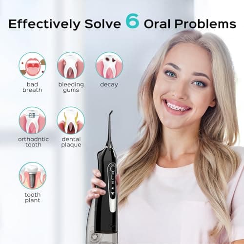 COSLUS Water Flosser Dental Pick: 300ML Oral Irrigator for Teeth Cleaning, Orthodontic, Braces & Sensitive Gums, Cordless Portable for Travel, IPX7 Waterproof, for Adults Teens Family Use, with 4 Tips 7