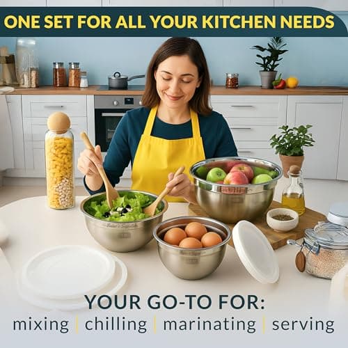 Baker's Signature Stainless Steel Mixing Bowls With Lid, Metal Mixing Bowl Set Of 3, Nesting Set For Food Prep, Baking,Storage, Cooking, Serving | Dishwasher Safe, Silver, 1.5/3/5 Qt 6