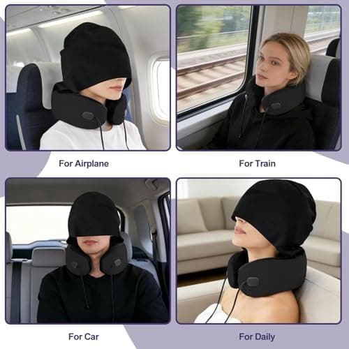 Neck Pillow for Travel, Premium Carbon-Infused Memory Foam, Cooling Fabric Pillow for Airplane, 360° Neck Support for Long Flights, Hooded Travel Pillowl for Planes, Cars and Office, Hooded, Black 6