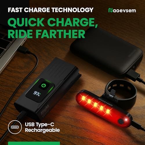 Nagevsem Bike Lights Set of 3 pcs w/Bicycle Bell - LED Super Bright - Rechargeable USB-C Headlight Front & Back Light for Night Riding in Mountain - Gift for Men Women Boys Kids Black 6