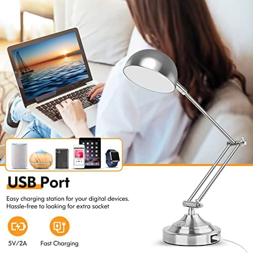 Touch Control LED Desk Lamp with USB Charging Port, Architect Brushed Nickle Lamp with Adjustable Swing Arm, Dimmable Silver Desk Lamp for Home Office Reading Study, 3000K/4000K/5000K 3 Color Modes 5