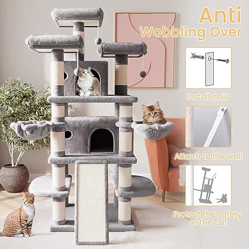 SHA CERLIN 68 Inches Multi-Level Large Cat Tree for Large Kitties/Big Cat Tower with Condo/Cozy Plush ‌Pussycat Perches/Sisal Scratching Posts and Hammocks/Activity Center/Grey 7