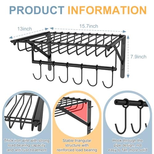 Hongtamoy 2 Packs Wall Mounted Pot Lid Rack Organizer, Hanging Pot and Pan Lid Organizer for Kitchen with 12 Upgrade Hooks, Pot Lid Holder for Cookware,Pans,Utensils Organization, Black 5