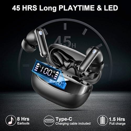 Wireless Earbuds, Bluetooth 5.4 Headphones with 4 ENC Noise Cancelling Mic, in Ear Earbuds IP7 Waterproof, 45Hrs Playtime Wireless Headphones HiFi Stereo Deep Bass, Bluetooth Earphones for Android iOS 5