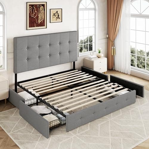 Allewie Upholstered Queen Size Platform Bed Frame with 4 Storage Drawers and Headboard, Square Stitched Button Tufted, Mattress Foundation with Wooden Slats Support, No Box Spring Needed, Light Grey 8