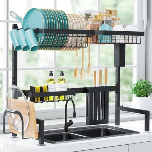 Sakugi Over The Sink Dish Drying Rack - Adjustable 2 Tier Large Capacity Stainless Steel Drainer with Cutlery & Utensil Holders, Kitchen Storage & Organization, 30"-33.9" L x 11" W x 21.5" H, Black 9