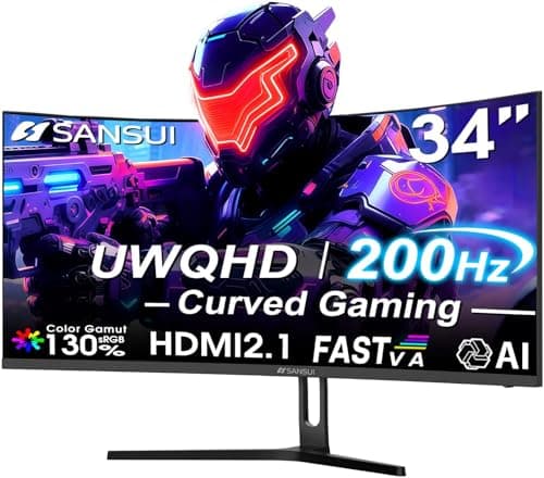 SANSUI 34 Inch UWQHD 200HZ Curved Gaming Monitor, FastVA 3440x1440P Ultrawide 1500R Curved Gaming Computer Monitor 21:9 with PIP PBP, AI Tech Enhance, 2xHDMI2.1 DP1.4 Ports(HDMI2.1 Cable Incl.)