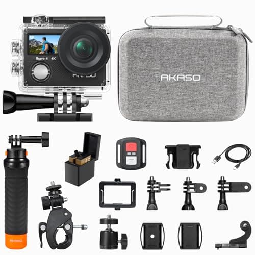 AKASO Brave 4 Action Camera with Waterproof Floating Hand Grip and Carry Bag Bundle - 4K30 20MP Ultra Hd EIS 131ft Underwater Camera 5xZoom Dual Screen with Helmet and Bicycle Accessories Kit