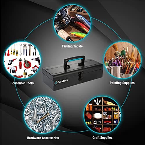 DuraTech Tool Box, 15" Portable Steel Small Tool Box with Metal Latch Closure & Plastic Handle with Anti-slip Base, Multi-Purpose Heavy Duty Toolbox, Black 7