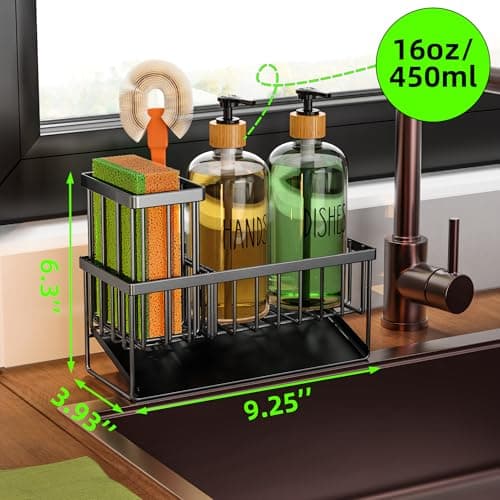 Cisily Kitchen Dish Soap Dispenser Set with Black Sponge Holder and 2 Pack 16.9oz Clear Glass, Dish Soap Dispensers for Kitchen Sink, Vintage Hand and Dish Soap Dispensers Set 4