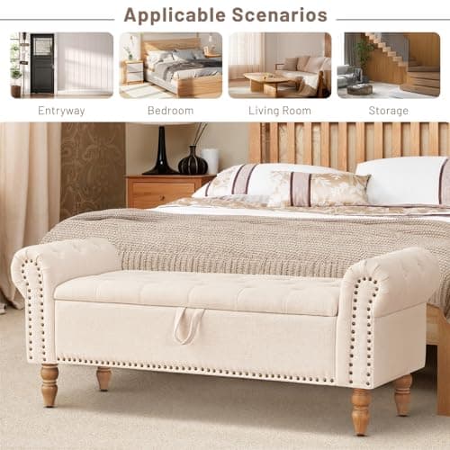 Furniliving 51” Storage Benches, End of Bed Bench with Button-Tufted Large Upholstered Storage Ottoman Linen Window Bench with Storage Shoe Cabinet Bench, for Bedroom, Entryway, Closet, Beige 10