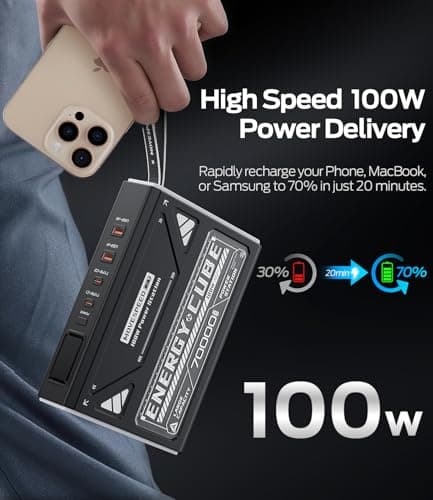 MOVE SPEED 2025 Upgrade Power Bank 70,000mAh 100W & 35W PD Fast Charger with Type C Retractable Cable 5