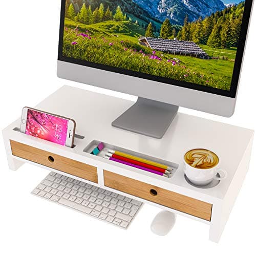 Computer Monitor Stand with Drawers - White Wood Laptop Screen Printer TV Riser 22.05L 10.60W 4.70H inch, Desk Organizer in Home&Office